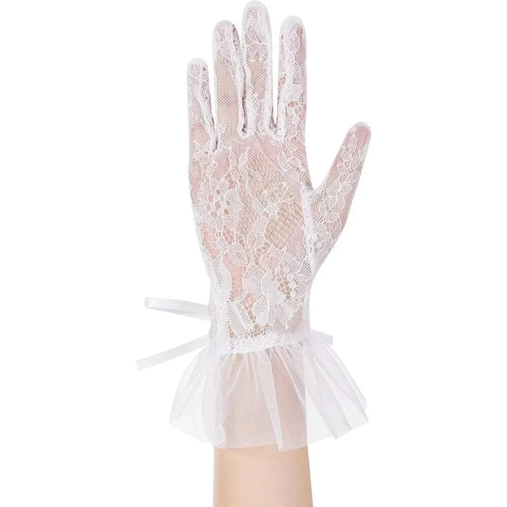 Women's Lvory 08 Floral Short Length Lace Tulle Mesh Wrist Wedding Party Gloves